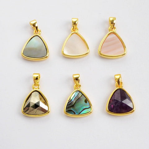 Triangle Natural Stone Amethyst Gold Bezel Pendant Beads WX990