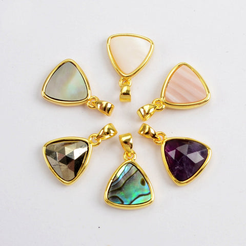 Triangle Natural Stone Amethyst Gold Bezel Pendant Beads WX990