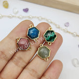 Hexagon Rainbow Natural Stone Faceted Gold Bezel Connector, For DIY Jewelry Making WX993