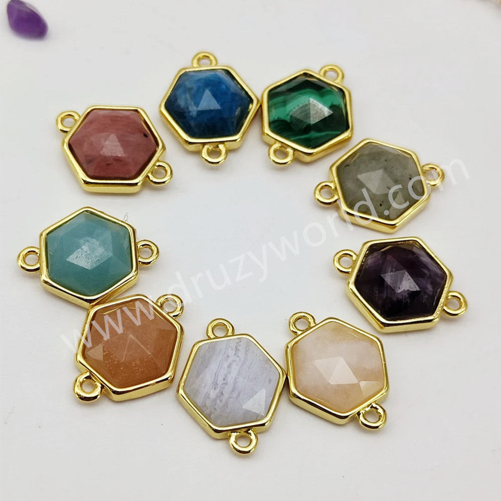 Hexagon Rainbow Natural Stone Faceted Gold Bezel Connector, For DIY Jewelry Making WX993