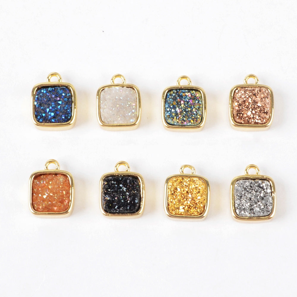 Gold Plated Bezel Square Natural Agate Titanium Druzy Charm Pendant, For Jewelry Making ZG0141