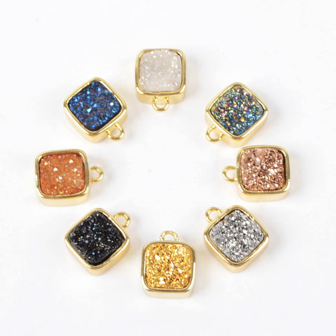 Gold Plated Bezel Square Natural Agate Titanium Druzy Charm Pendant, For Jewelry Making ZG0141