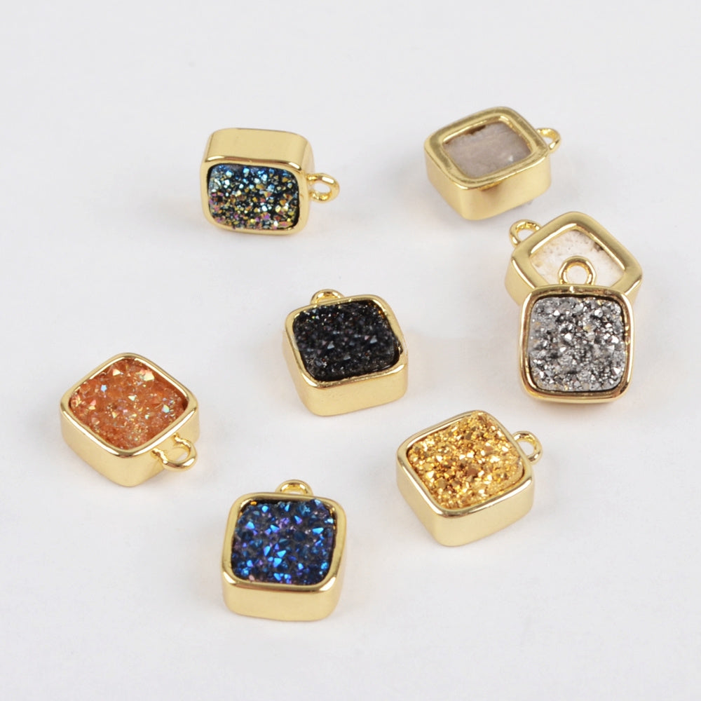 Gold Plated Bezel Square Natural Agate Titanium Druzy Charm Pendant, For Jewelry Making ZG0141