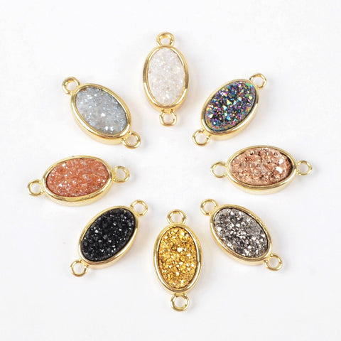 Oval Gold Plated Bezel Natural Agate Titanium Druzy Connector, For Jewelry Making ZG0142