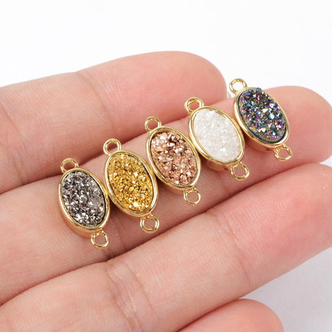 Oval Gold Plated Bezel Natural Agate Titanium Druzy Connector, For Jewelry Making ZG0142