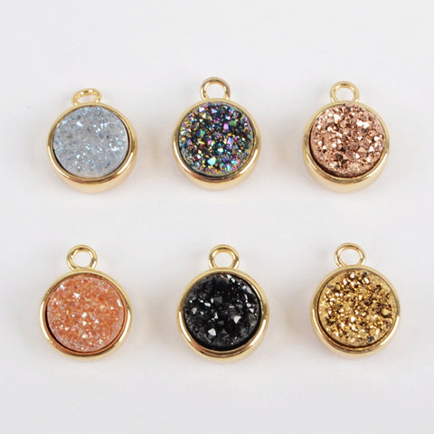 Gold Plated Bezel Round Natural Agate Titanium Druzy Charm Pendant, For Jewelry Making ZG0151