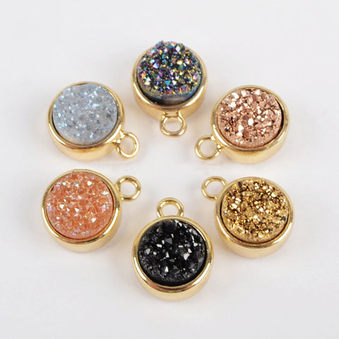 Gold Plated Bezel Round Natural Agate Titanium Druzy Charm Pendant, For Jewelry Making ZG0151