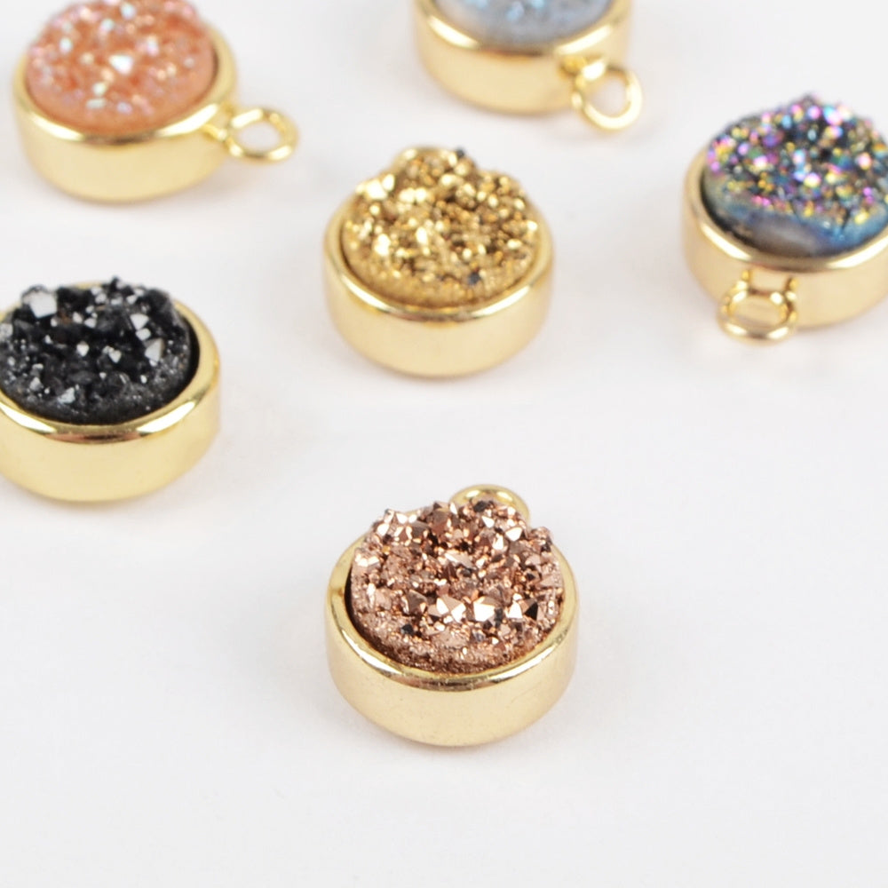 Gold Plated Bezel Round Natural Agate Titanium Druzy Charm Pendant, For Jewelry Making ZG0151