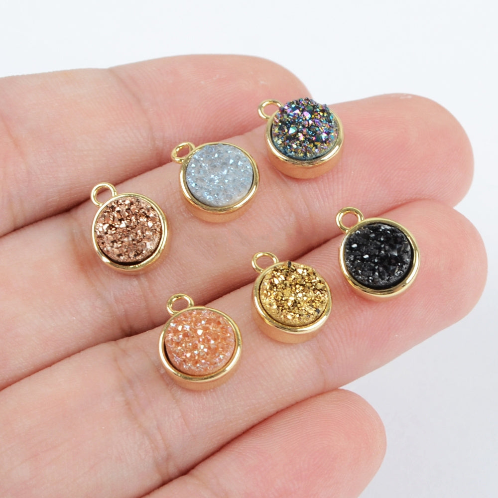 Gold Plated Bezel Round Natural Agate Titanium Druzy Charm Pendant, For Jewelry Making ZG0151