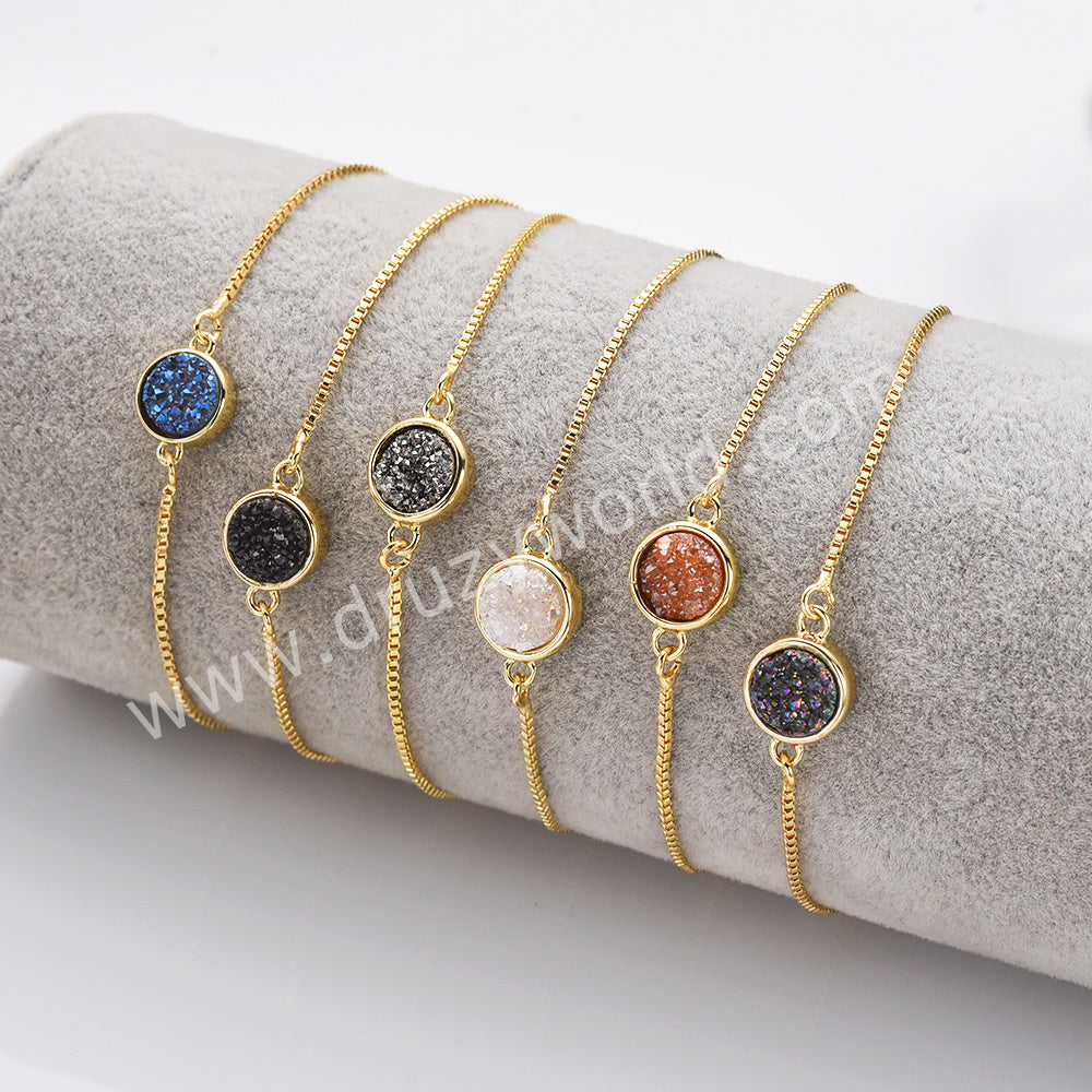 Round Gold Plated Bezel Titanium Rainbow Druzy Adjustable Bracelet ZG0152-B