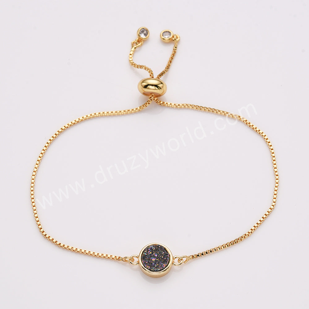 Round Gold Plated Bezel Titanium Rainbow Druzy Adjustable Bracelet ZG0152-B