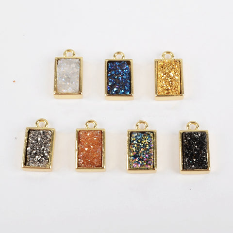 Gold Plated Bezel Rectangle Natural Agate Titanium Druzy Charm Pendant ZG0153