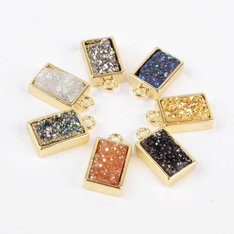 Gold Plated Bezel Rectangle Natural Agate Titanium Druzy Charm Pendant ZG0153