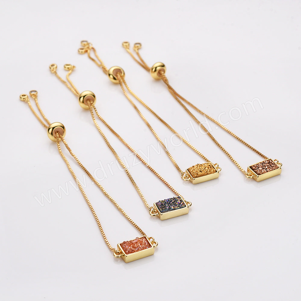 Rectangle Gold Plated Bezel Titanium Rainbow Druzy Adjustable Bracelet ZG0154-B