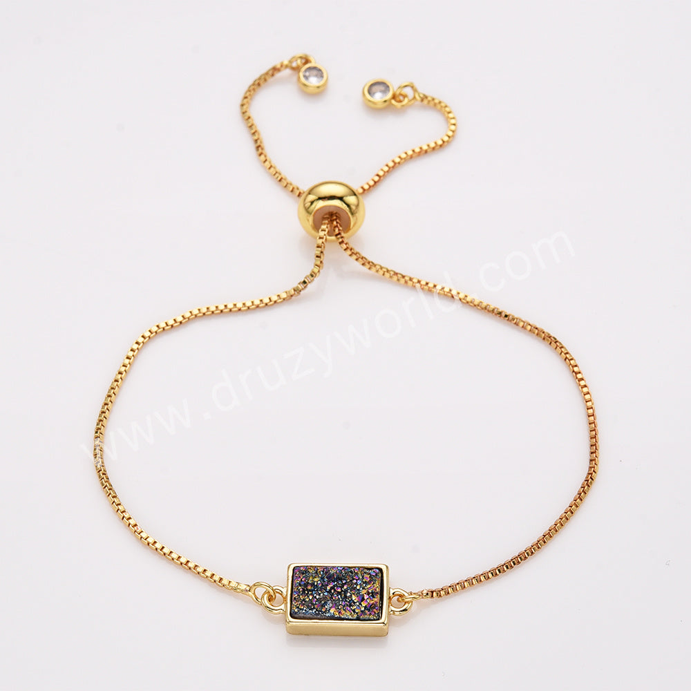 Rectangle Gold Plated Bezel Titanium Rainbow Druzy Adjustable Bracelet ZG0157-B