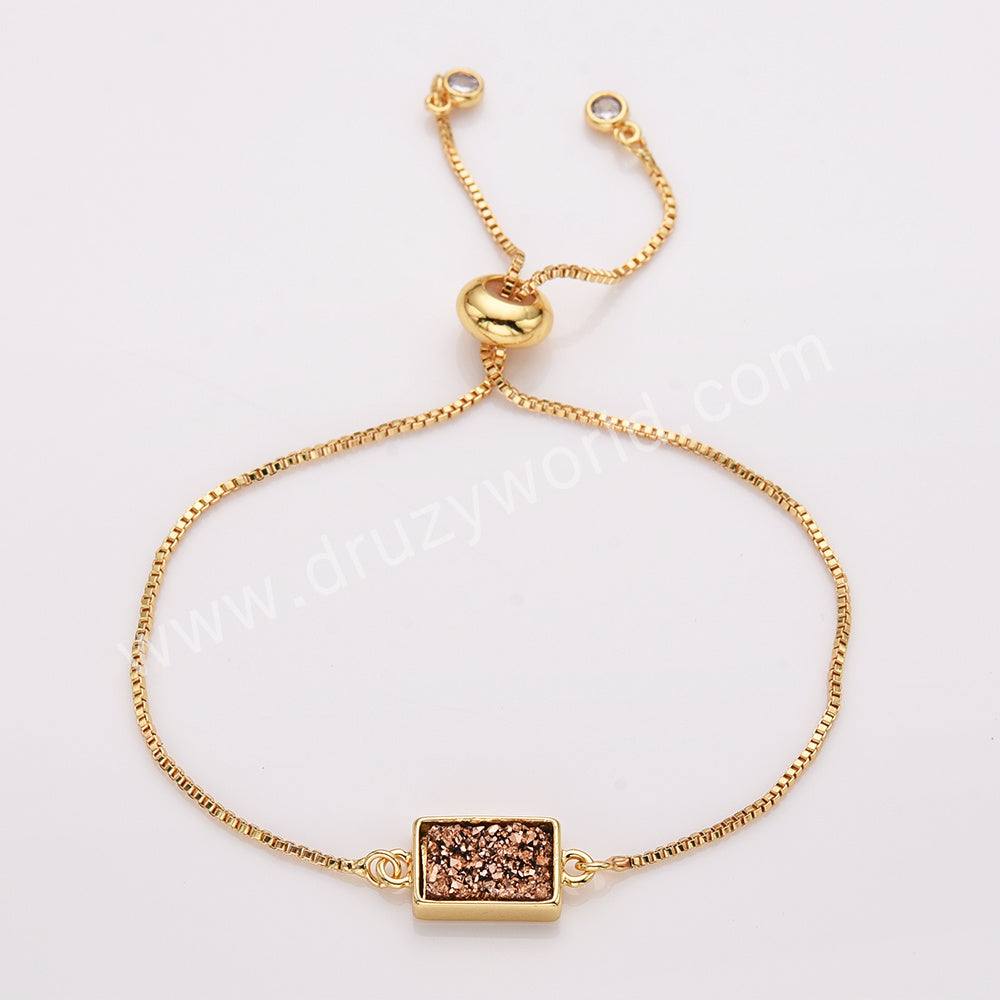 Rectangle Gold Plated Bezel Titanium Rainbow Druzy Adjustable Bracelet ZG0157-B