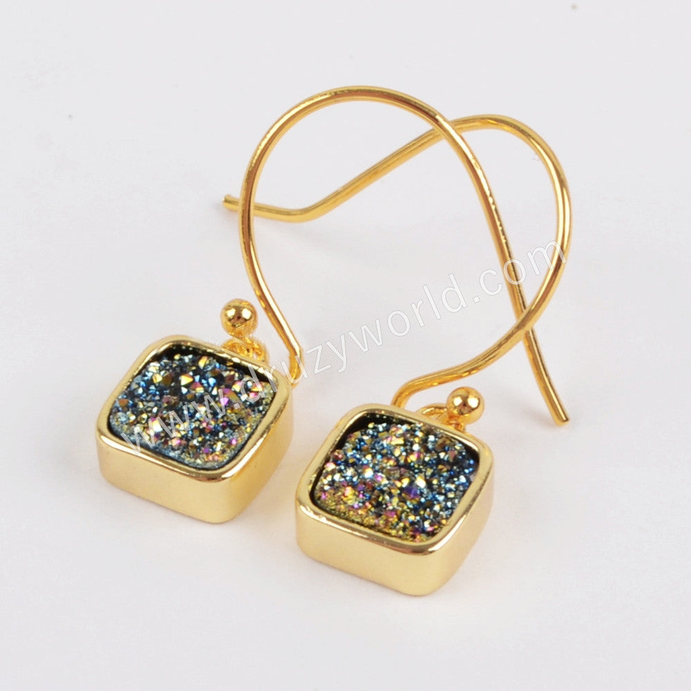 Gold Plated Bezel Square Rainbow Titanium Agate Druzy Earrings ZG0158