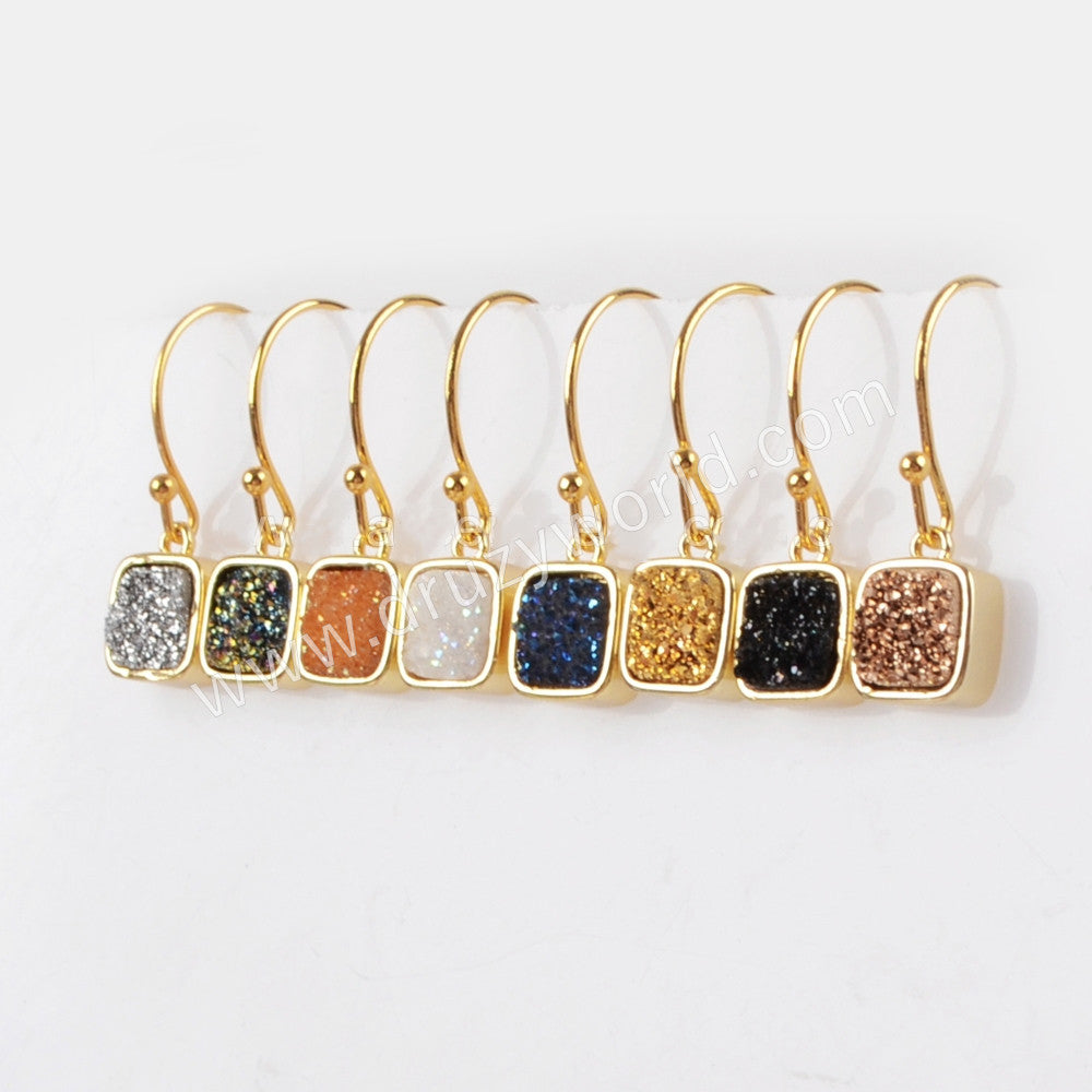 Square Gold Plated Bezel Rainbow Titanium Druzy Earrings ZG0158