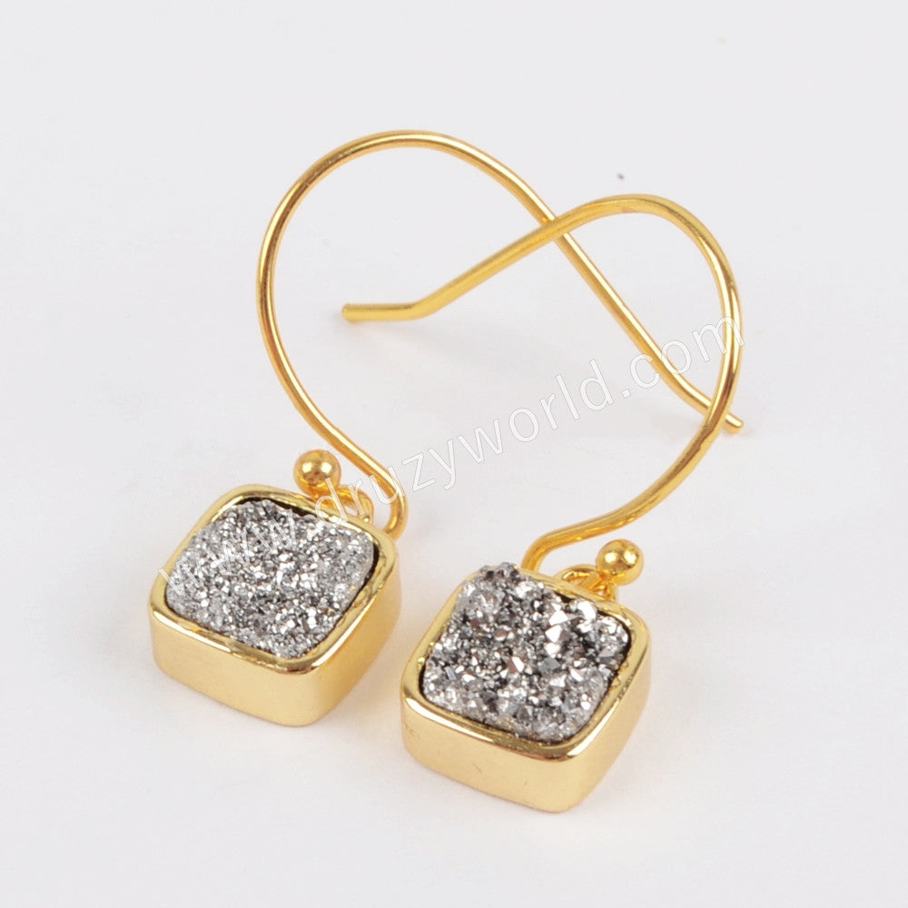 Gold Plated Bezel Square Rainbow Titanium Agate Druzy Earrings ZG0158