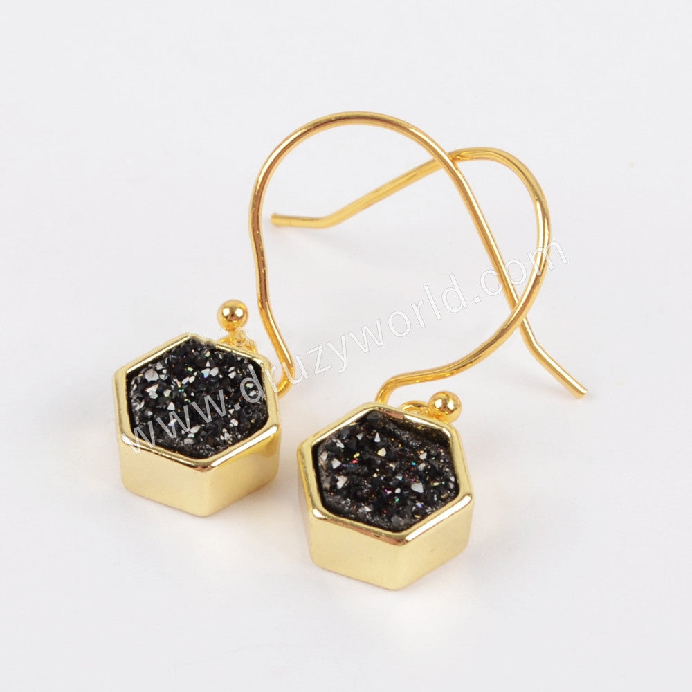 Hexagon Gold Plated Bezel Rainbow Titanium Druzy Earrings ZG0159