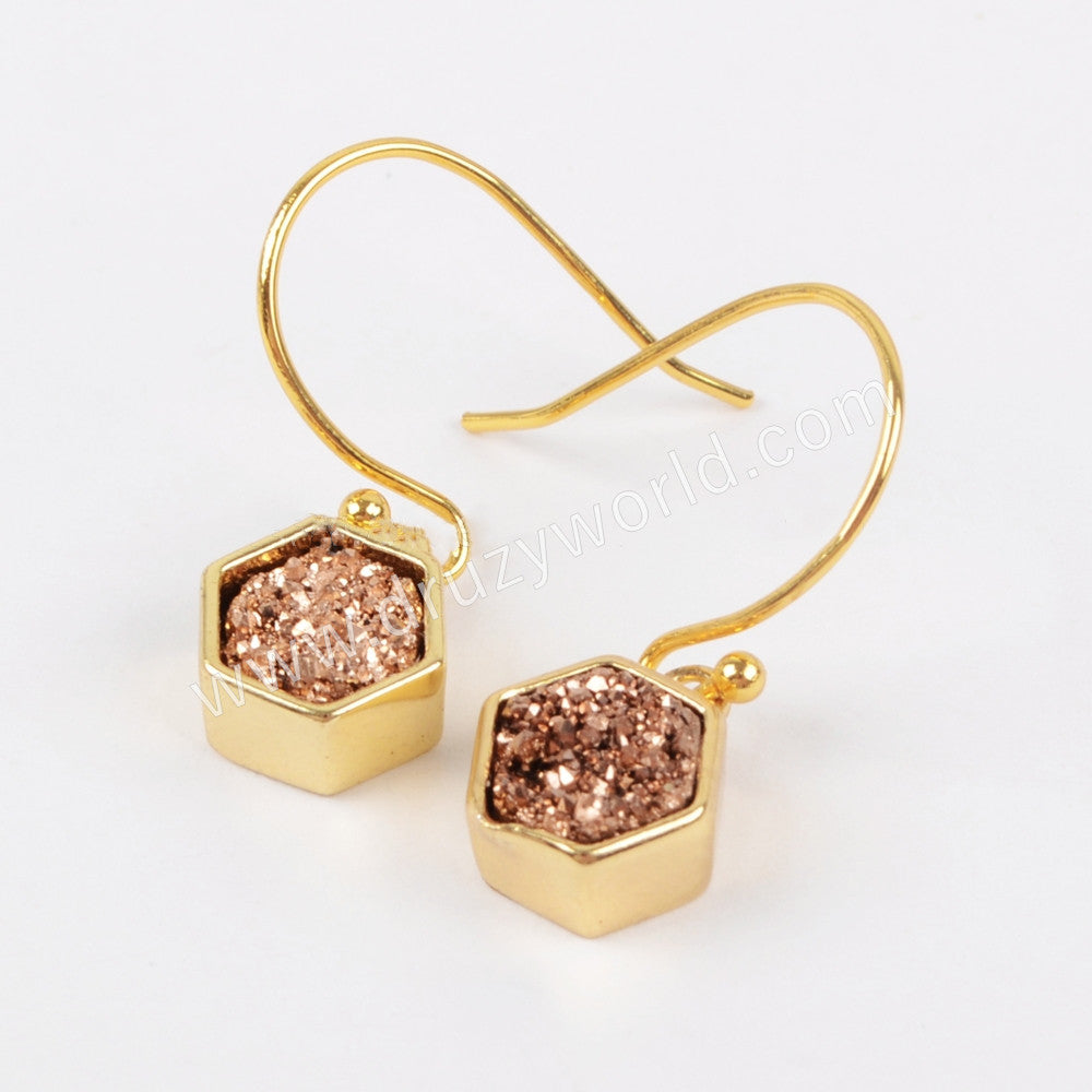 Hexagon Gold Plated Bezel Rainbow Titanium Druzy Earrings ZG0159