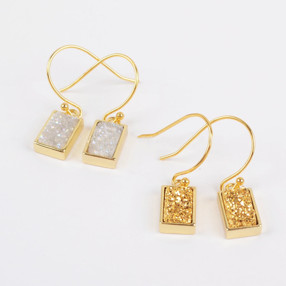 Gold Plated Bezel Rectangle Natural Agate Titanium Druzy Geode Earrings ZG0161