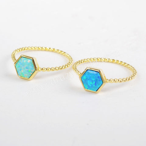 Gold Plated Bezel Hexagon White Blue Opal Ring ZG0243