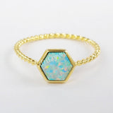 Gold Plated Bezel Hexagon White Blue Opal Ring ZG0243