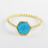 Gold Plated Bezel Hexagon White Blue Opal Ring ZG0243