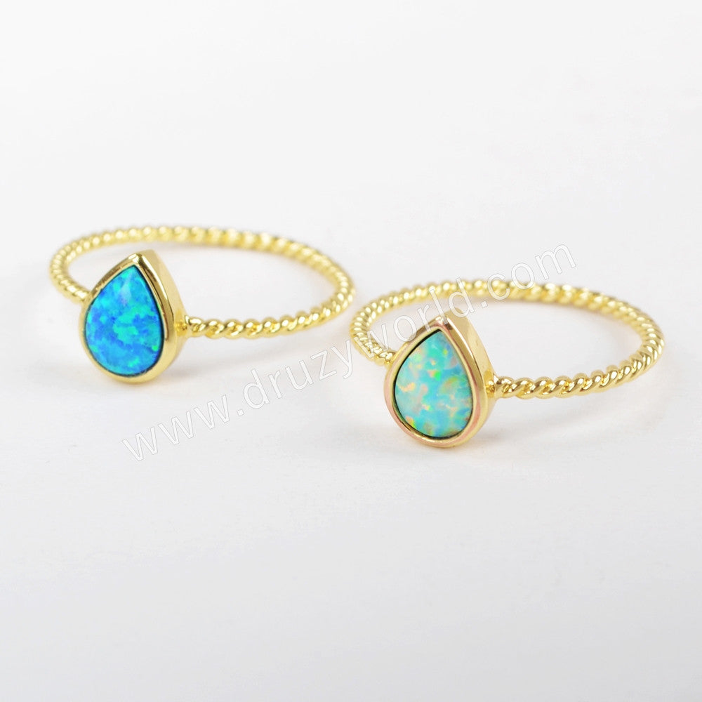 Teardrop Gold Plated Bezel White/Blue Opal Statement Ring Fashion Jewelry ZG0247