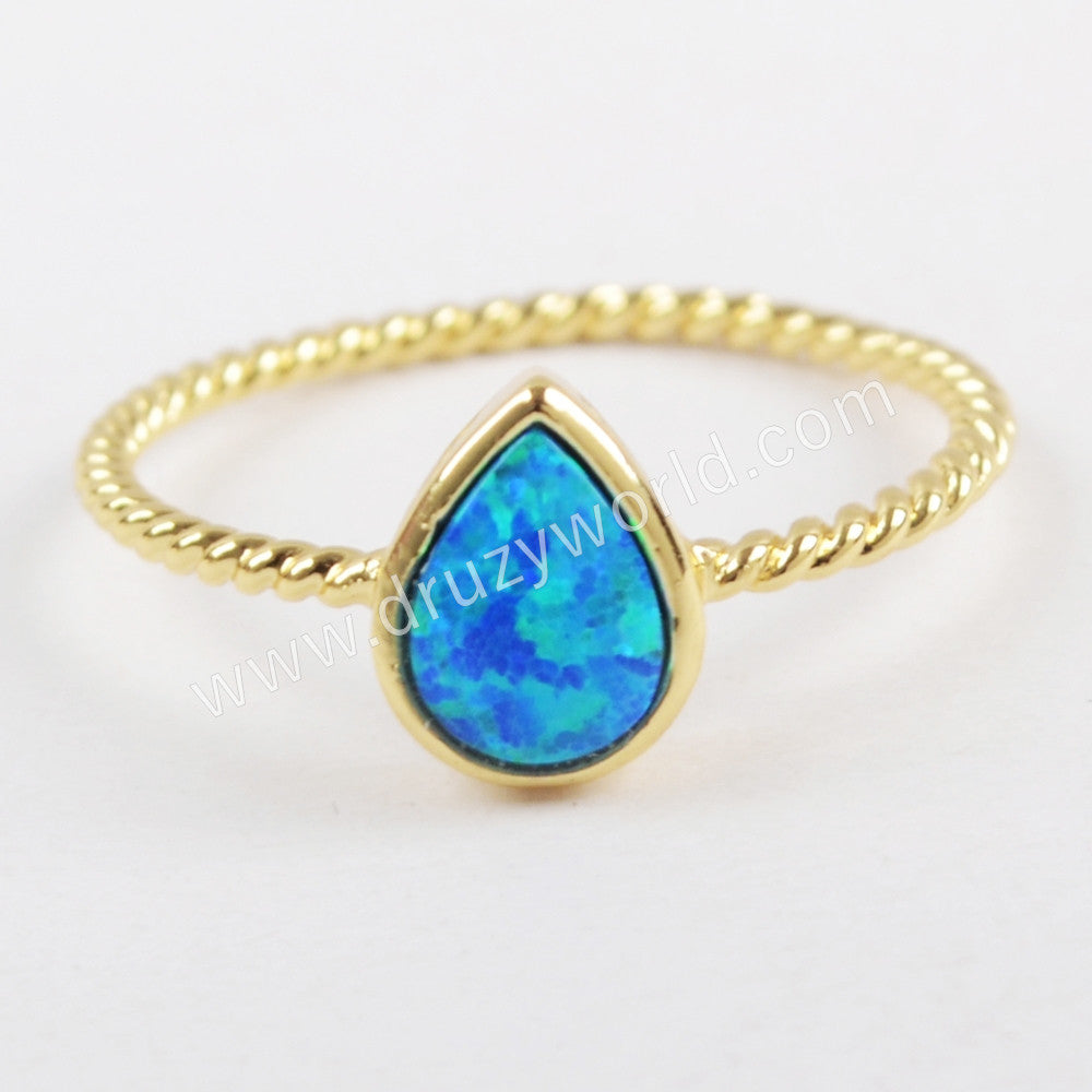 Teardrop Gold Plated Bezel White/Blue Opal Statement Ring Fashion Jewelry ZG0247