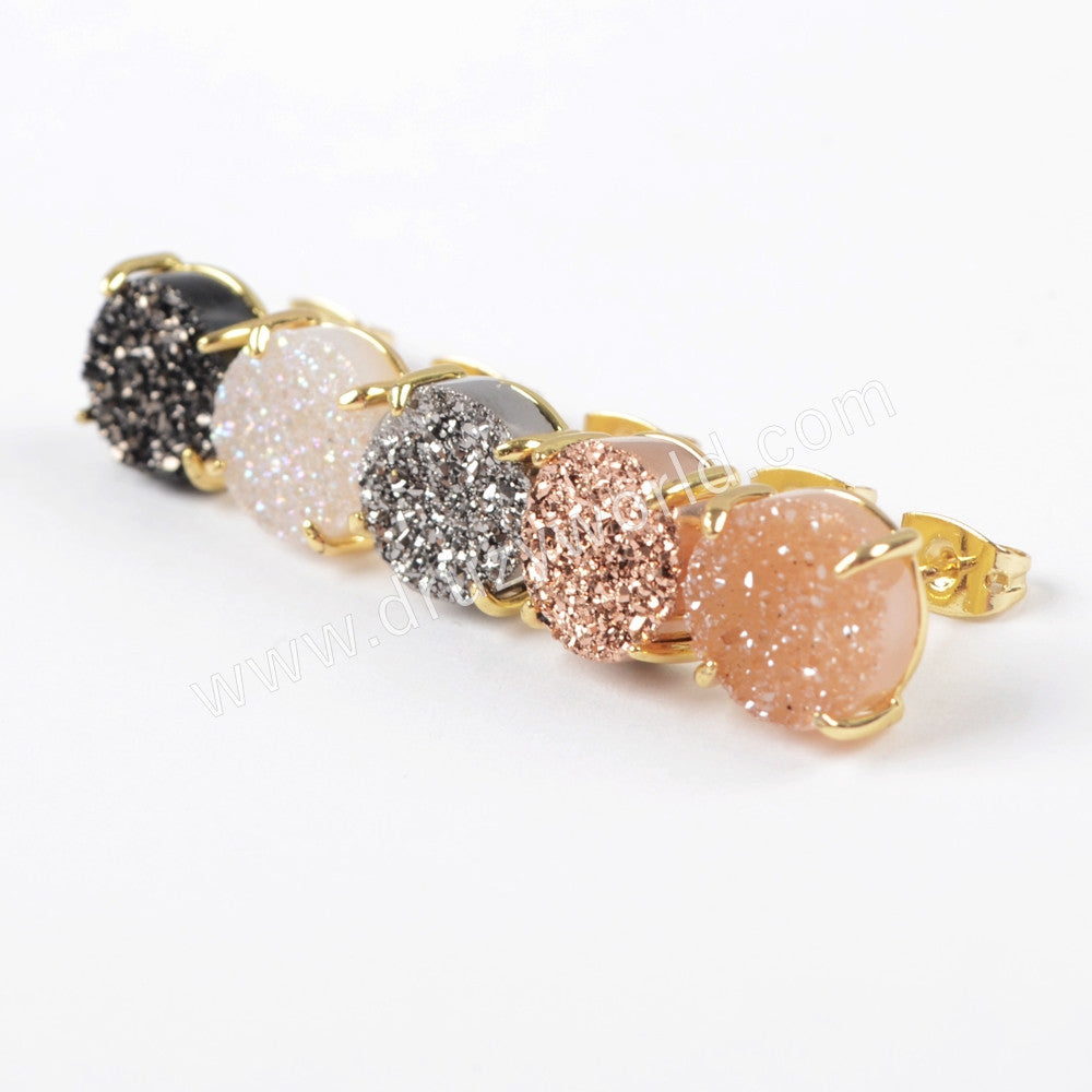 Gold Plated Claw Rainbow Natural Titanium Agate Druzy Stud Earrings ZG0250