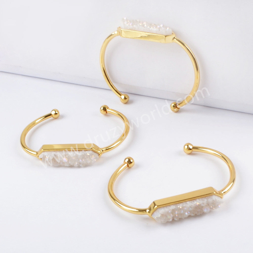 Long Hexagon Gold Plated Bezel Titanium AB White Druzy Bar Bangle Bracelet ZG0274