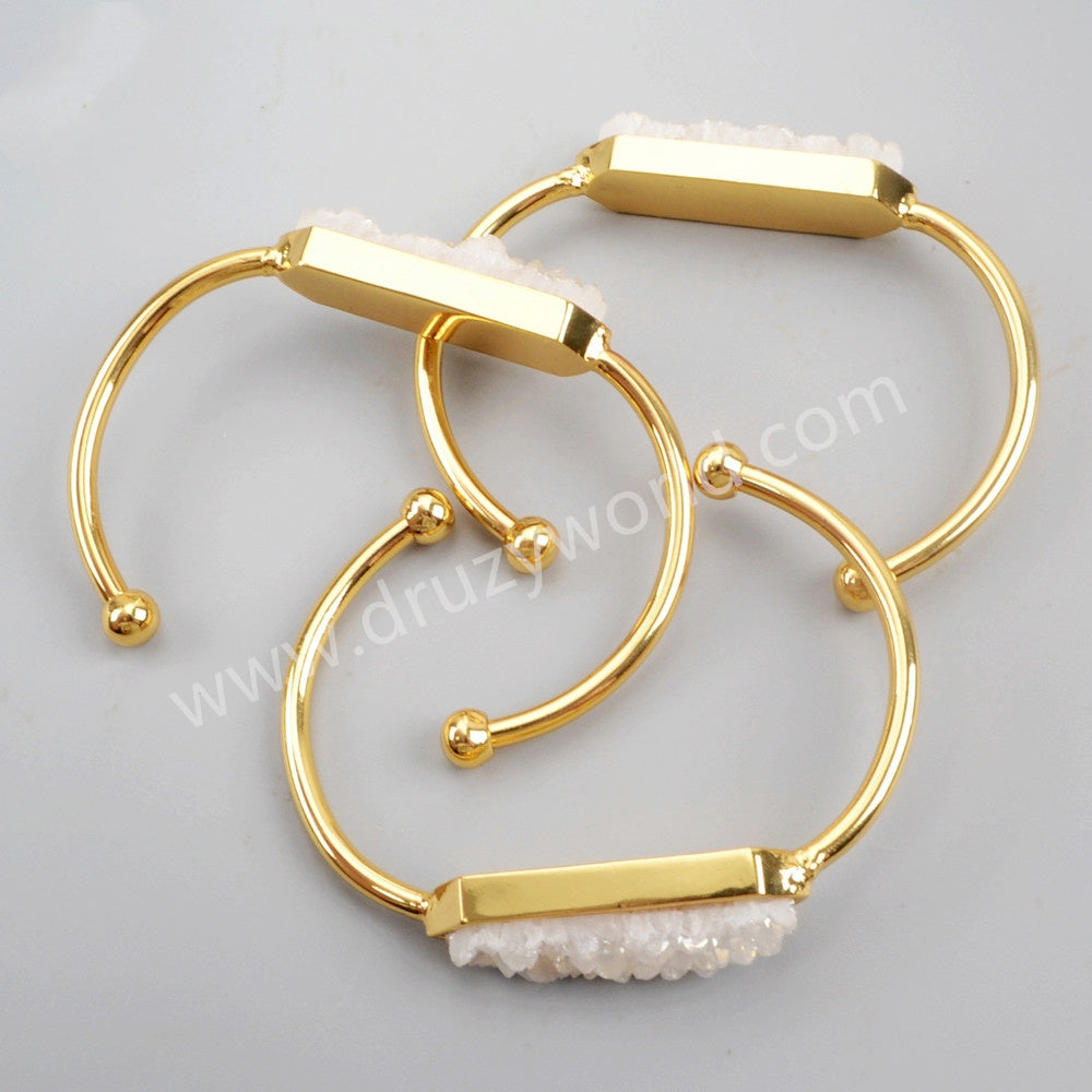 Long Hexagon Gold Plated Bezel Titanium AB White Druzy Bar Bangle Bracelet ZG0274