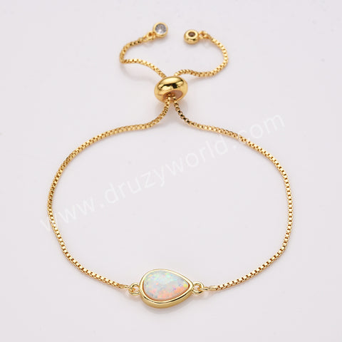 Teardrop Gold Plated Bezel White Opal Faceted Adjustable Bracelet, Fashion Jewelry For Women ZG0307-B