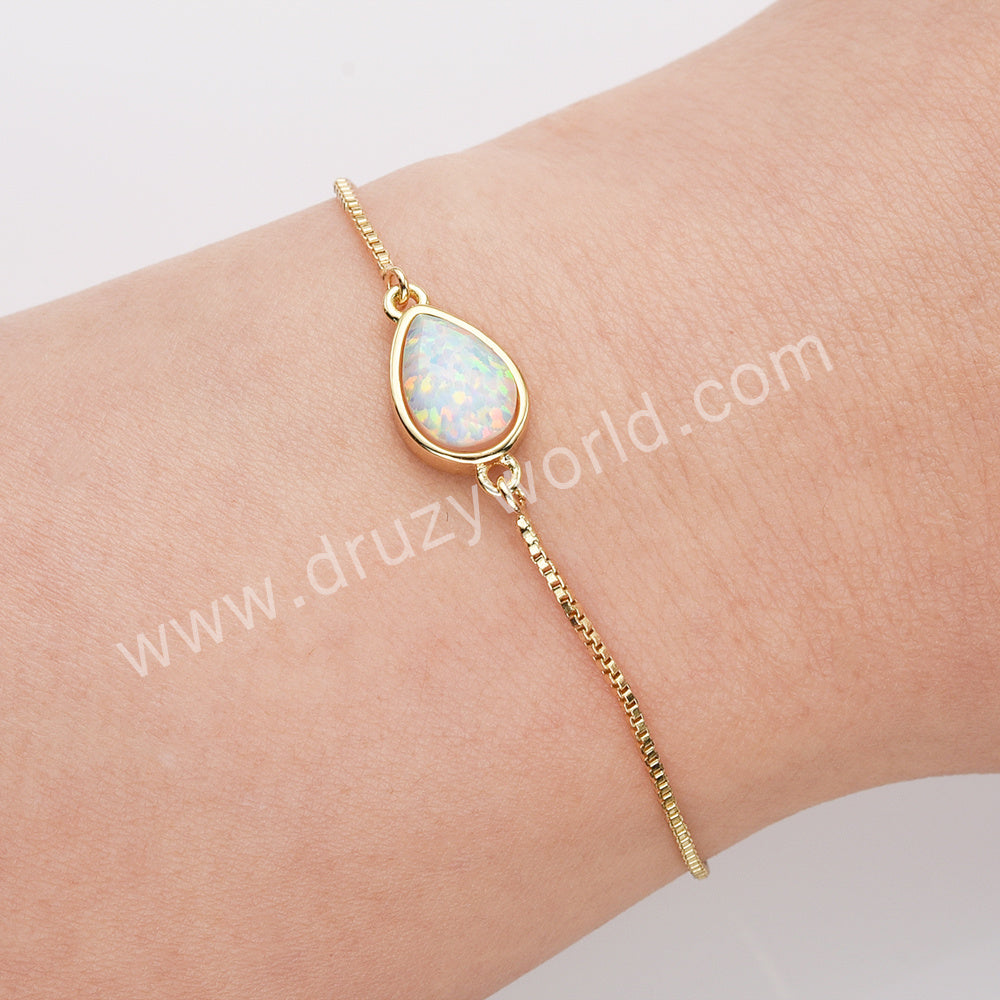Gold Plated Bezel Teardrop White Opal Faceted Adjustable Bracelet ZG0307-B