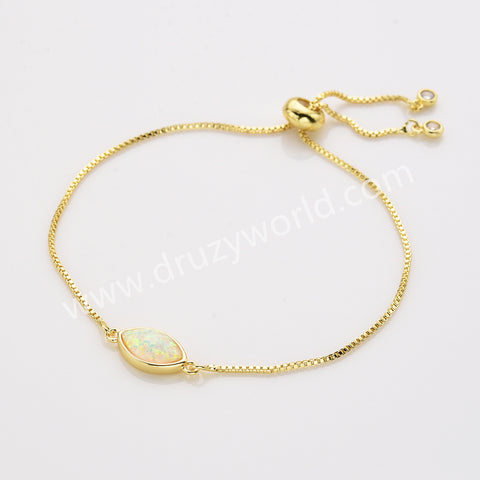 Marquise Gold Bezel White Opal Adjustable Bracelet, Fashion Jewelry Women's Bracelet ZG0309-B