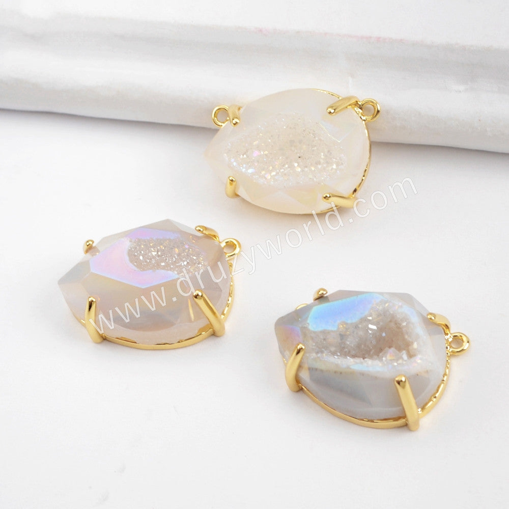Teardrop Gold Plated Claw Rainbow Titanium Druzy Faceted Connector ZG0313