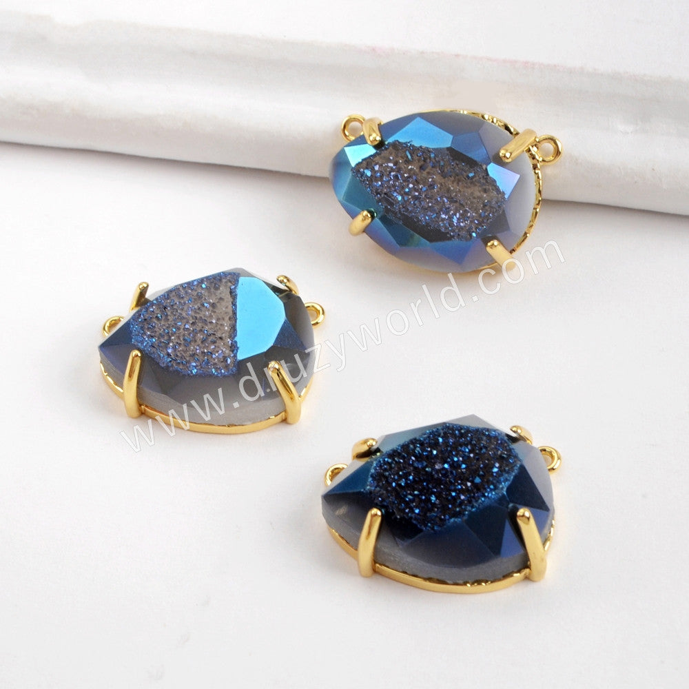 Teardrop Gold Plated Claw Rainbow Titanium Druzy Faceted Connector ZG0313