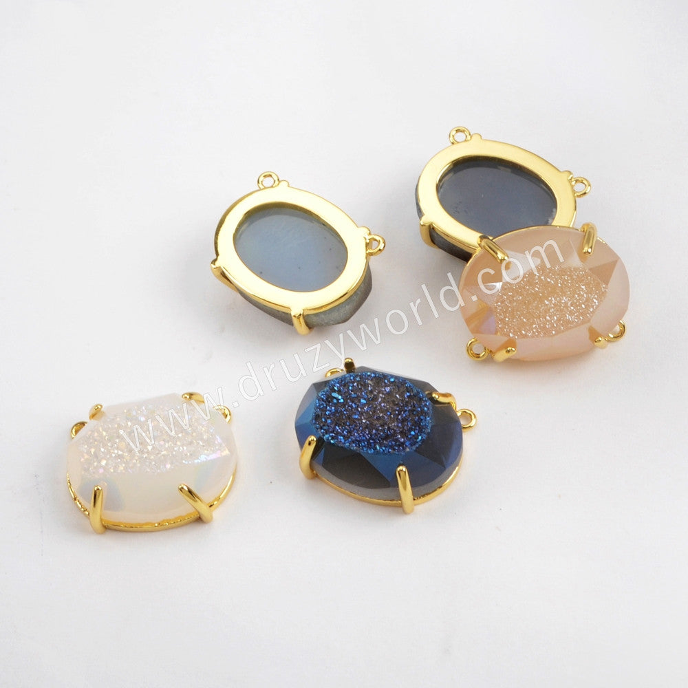 Oval Gold Plated Claw Rainbow Titanium Druzy Faceted Connector ZG0314