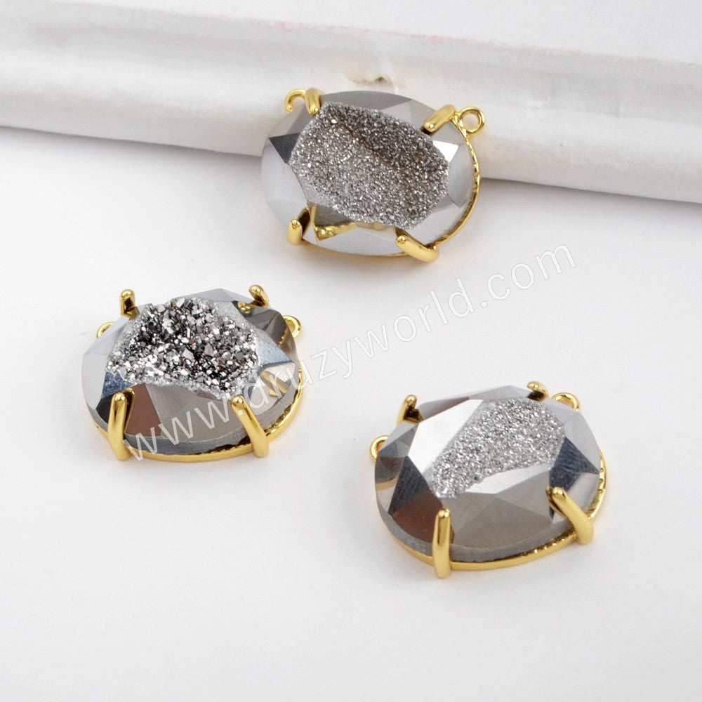 Oval Gold Plated Claw Rainbow Titanium Druzy Faceted Connector ZG0314