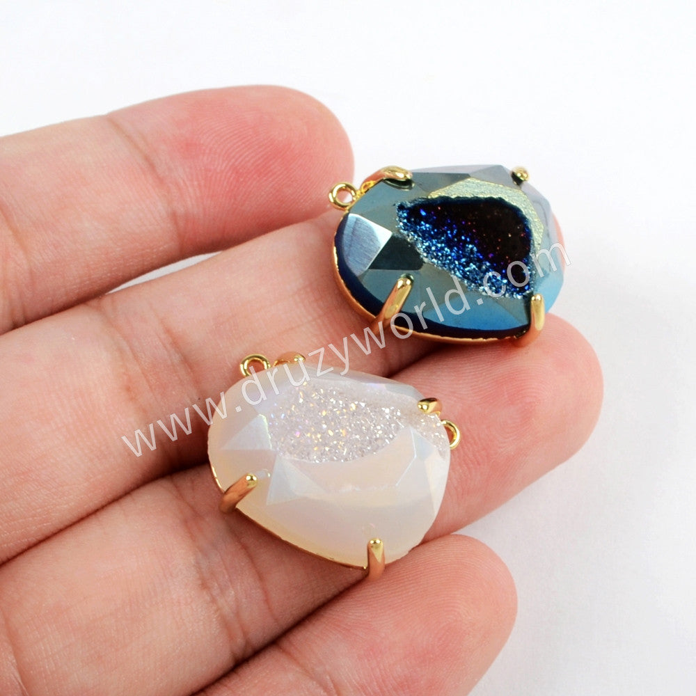 Egg Shape Gold Plated Claw Rainbow Titanium Druzy Faceted Connector ZG0315