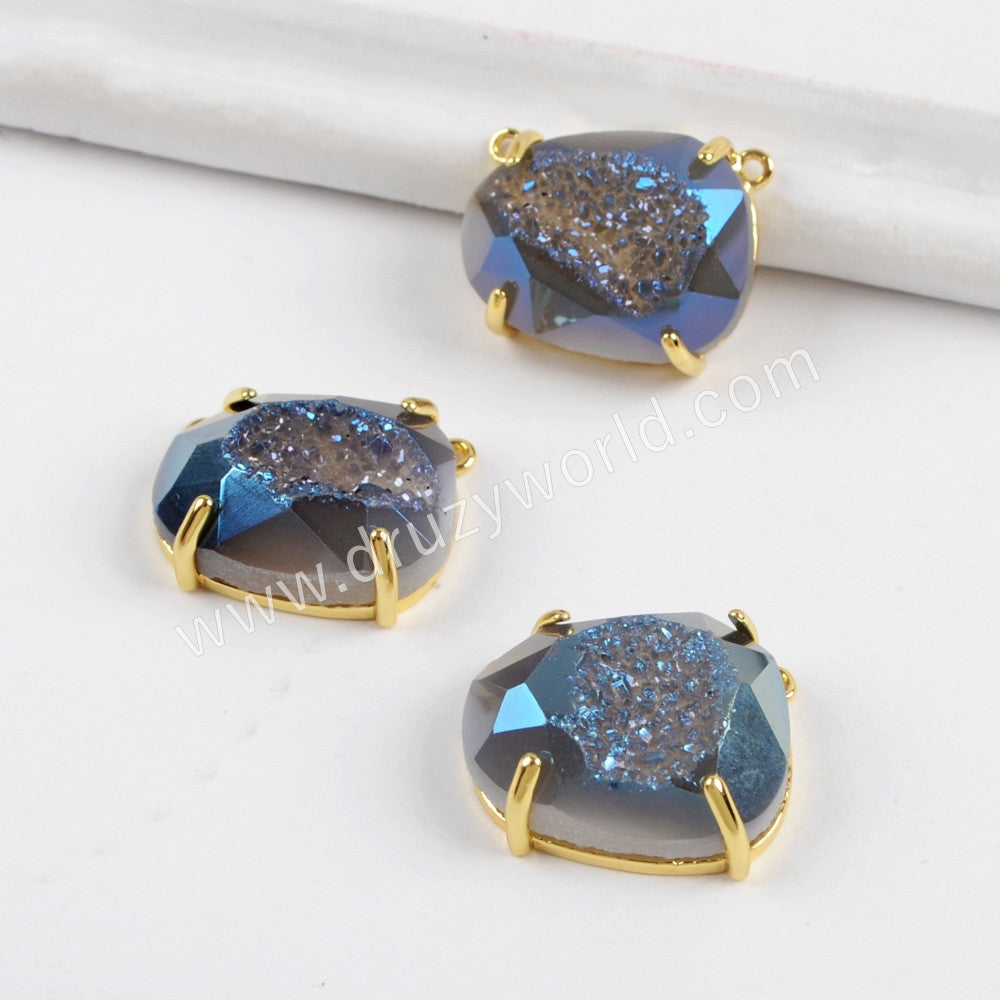 Egg Shape Gold Plated Claw Rainbow Titanium Druzy Faceted Connector ZG0315