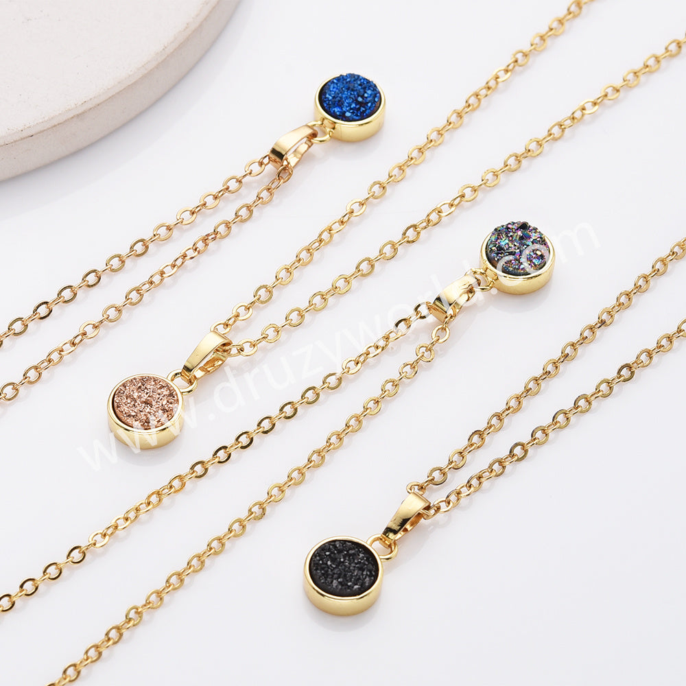 16" Gold Plated Bezel Round Rainbow Titanium Natural Druzy Geode Necklace, Drusy Jewelry For Women ZG0357-N