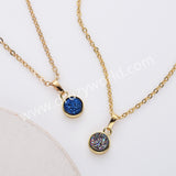 16" Gold Plated Bezel Round Rainbow Titanium Natural Druzy Geode Necklace, Drusy Jewelry For Women ZG0357-N