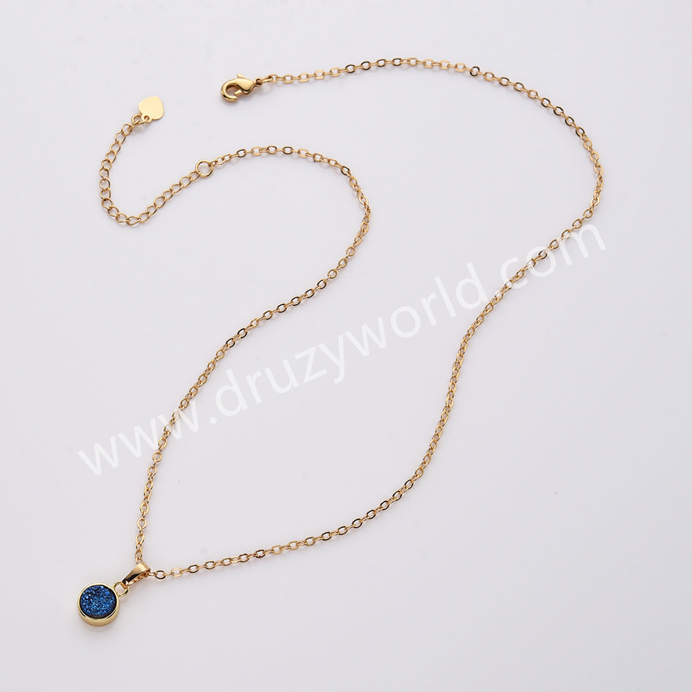 16" Gold Plated Bezel Round Rainbow Titanium Natural Druzy Geode Necklace, Drusy Jewelry For Women ZG0357-N