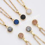 16" Gold Plated Bezel Round Rainbow Titanium Natural Druzy Geode Necklace, Drusy Jewelry For Women ZG0357-N