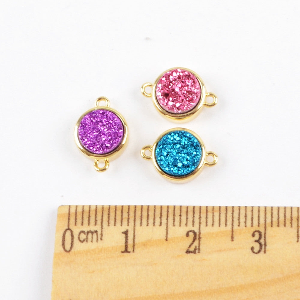 9mm Round Gold Plated Natural Agate Titanium Rainbow Druzy Connector ZG0360