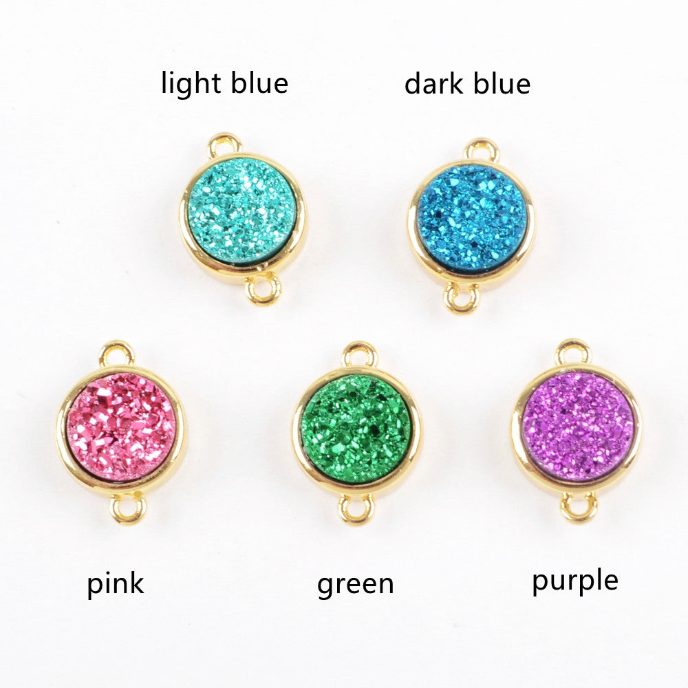 9mm Round Gold Plated Natural Agate Titanium Rainbow Druzy Connector ZG0360