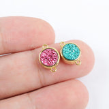 9mm Round Gold Plated Natural Agate Titanium Rainbow Druzy Connector ZG0360